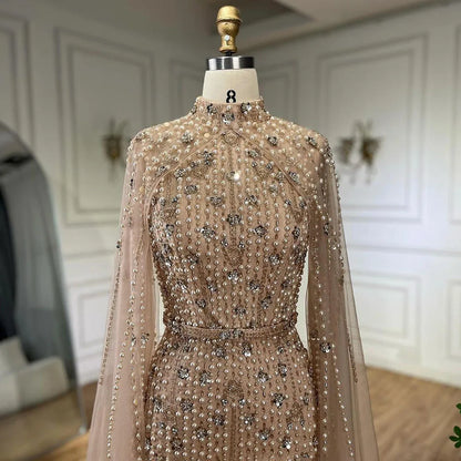 Muslim Nude Mermaid Cape Sleeves Pearls Beaded Luxury Dubai Evening Dresses Gowns 2025 Wedding Party LA72372 Customized