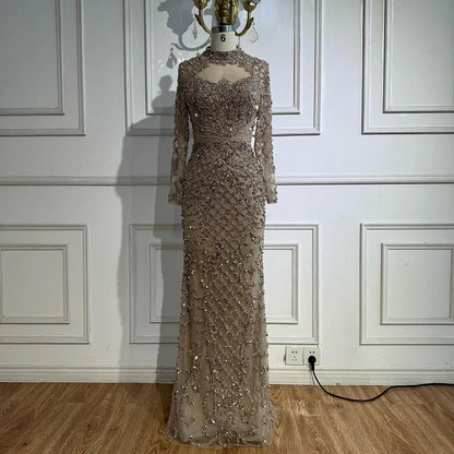 Luxury Caramel Beaded Evening Dress with High Neck Long Sleeves Mermaid Gown Serene Hill 2025 Customized LA71747A