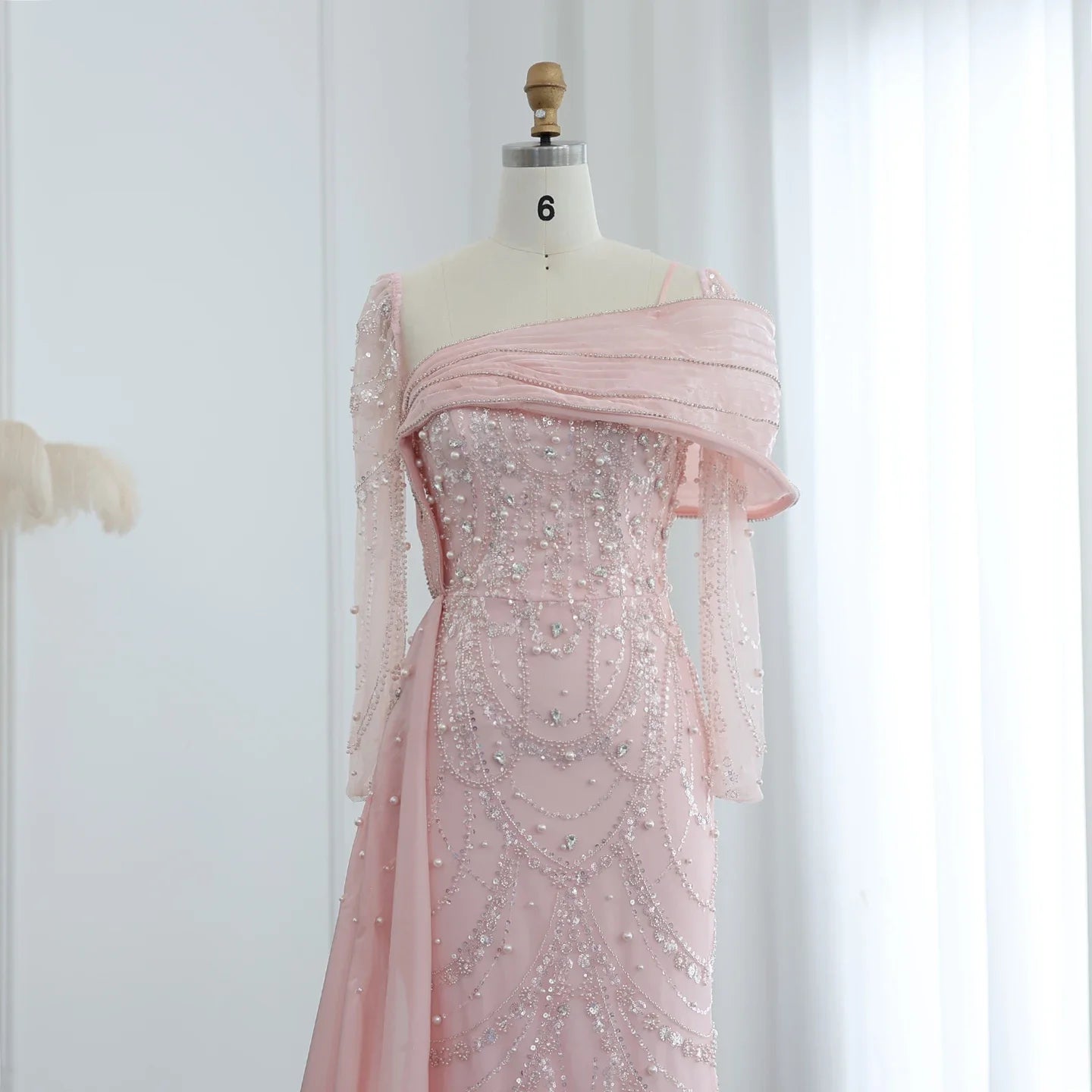 Sharon Said Nude Luxury Crystal Mermaid Evening Dress with Overskirt Long Sleeve Dubai Wedding Formal Prom Gown SS256 Customized