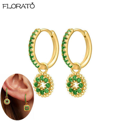 925 Sterling Silver Needle Luxury Green Zircon Pendant Earrings Trend Gold Color Small Hoop Earrings for Women Fashion Jewelry