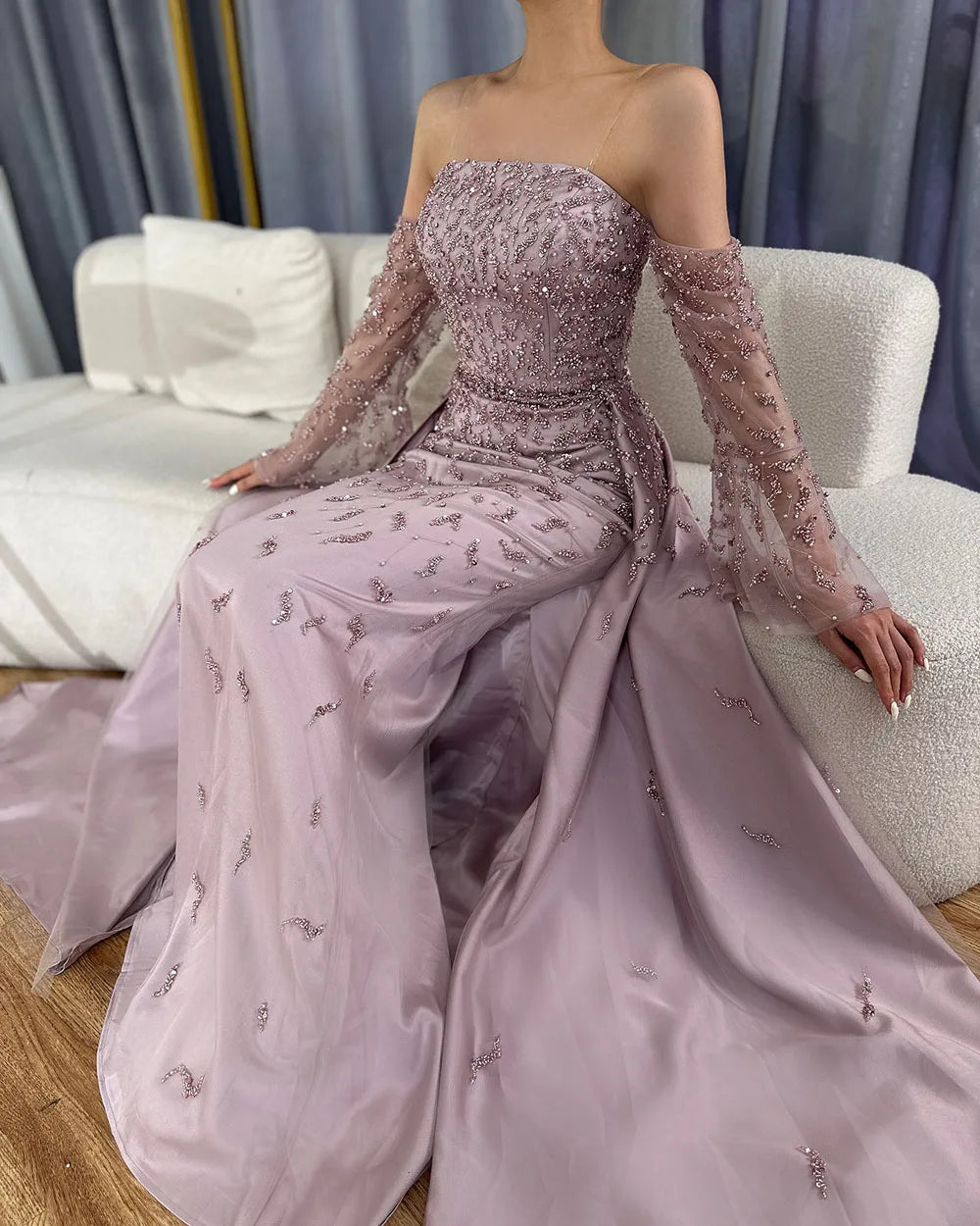 Serene Hill Customized 2025 Arabic Strapless Gray Blue Beaded Pearls Dubai Evening Dresses For Formal Occasion LA72705