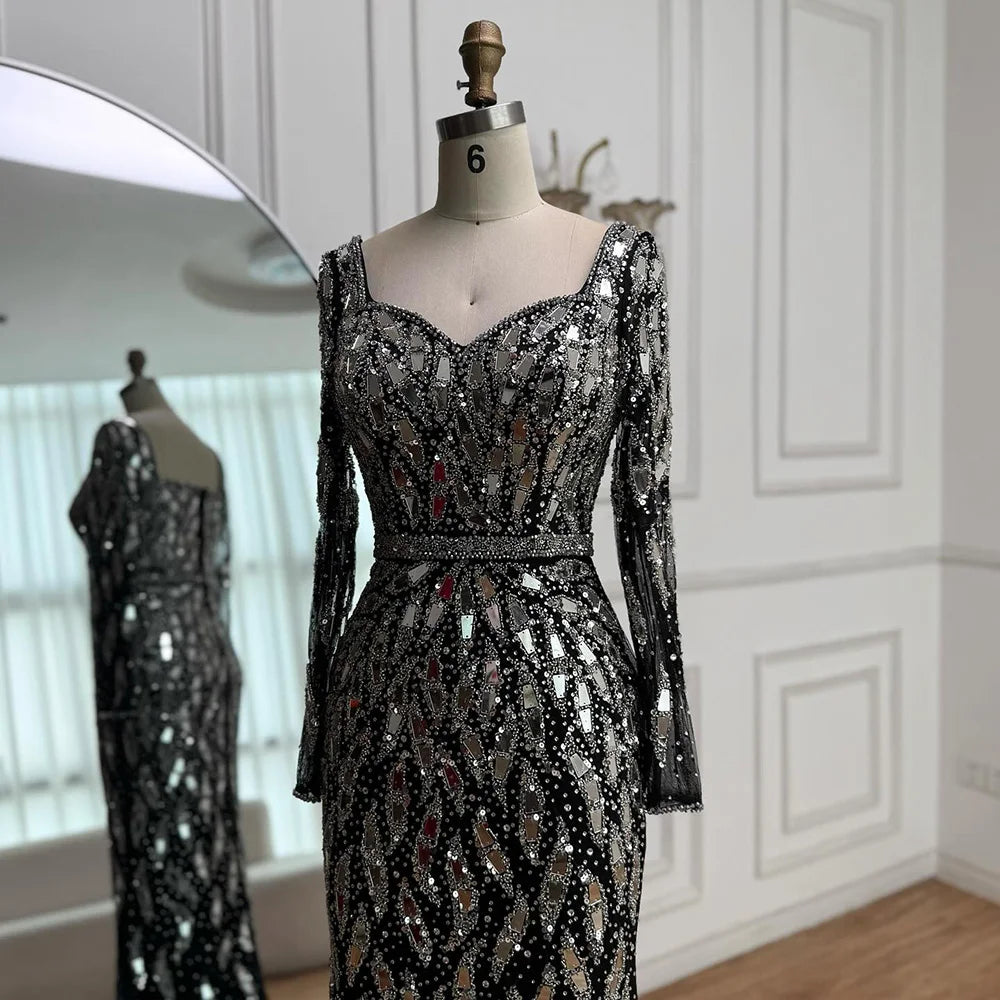 Luxury Black Silver Long Sleeve Evening Dress with Sequins Elegant Mermaid Gown for Women 2025 Serene Hill Customized LA73113