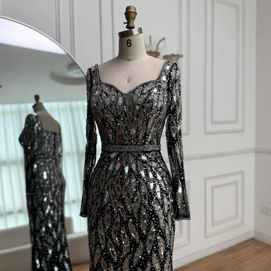 Luxury Black Silver Long Sleeve Evening Dress with Sequins Elegant Mermaid Gown for Women 2025 Serene Hill Customized LA73113
