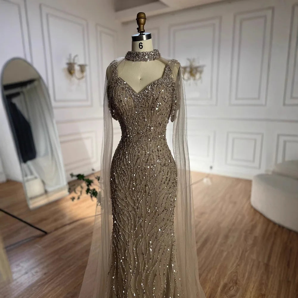 Luxury Caramel Mermaid Evening Gown Beaded Dress with Cape Sleeves Elegant Formal Party Customized LA72921