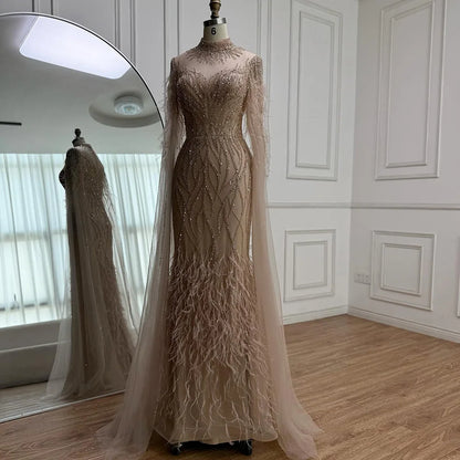 Nude Feather Evening Dress for Women High Neck Cape Sleeve Luxury Beaded Formal Gown Serene Hill 2025 Customized LA71885C