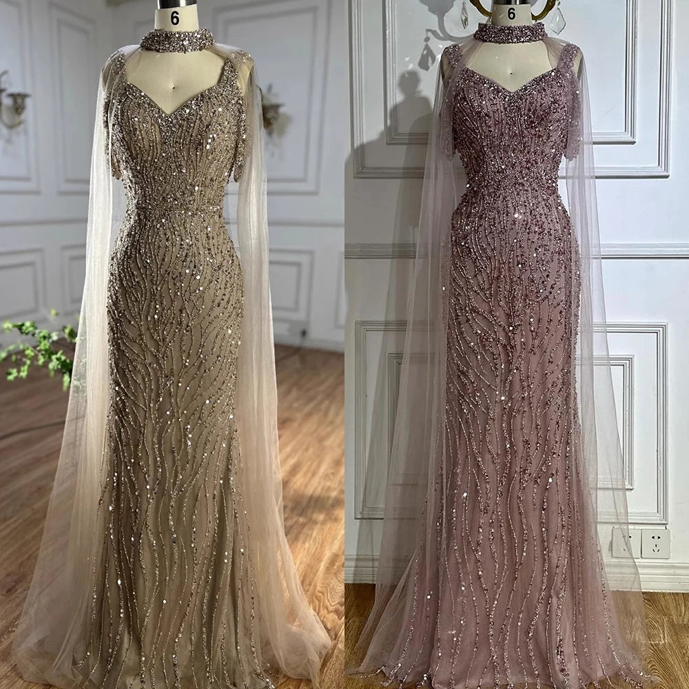Luxury Caramel Mermaid Evening Gown Beaded Dress with Cape Sleeves Elegant Formal Party Customized LA72921