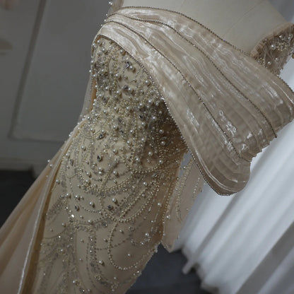 Sharon Said Nude Luxury Crystal Mermaid Evening Dress with Overskirt Long Sleeve Dubai Wedding Formal Prom Gown SS256 Customized