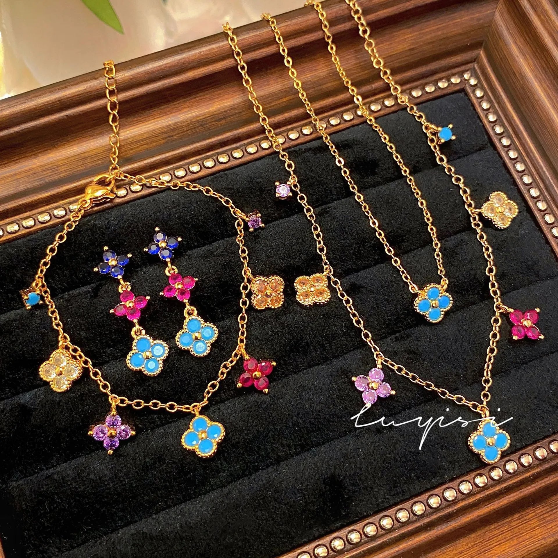French Style Retro Dopamine Clover Design Necklaces   Colorful Zircon Earrings Clavicle Chain Bracelets Jewelry Sets For Women