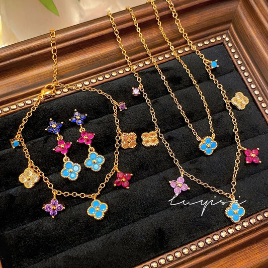 French Style Retro Dopamine Clover Design Necklaces   Colorful Zircon Earrings Clavicle Chain Bracelets Jewelry Sets For Women