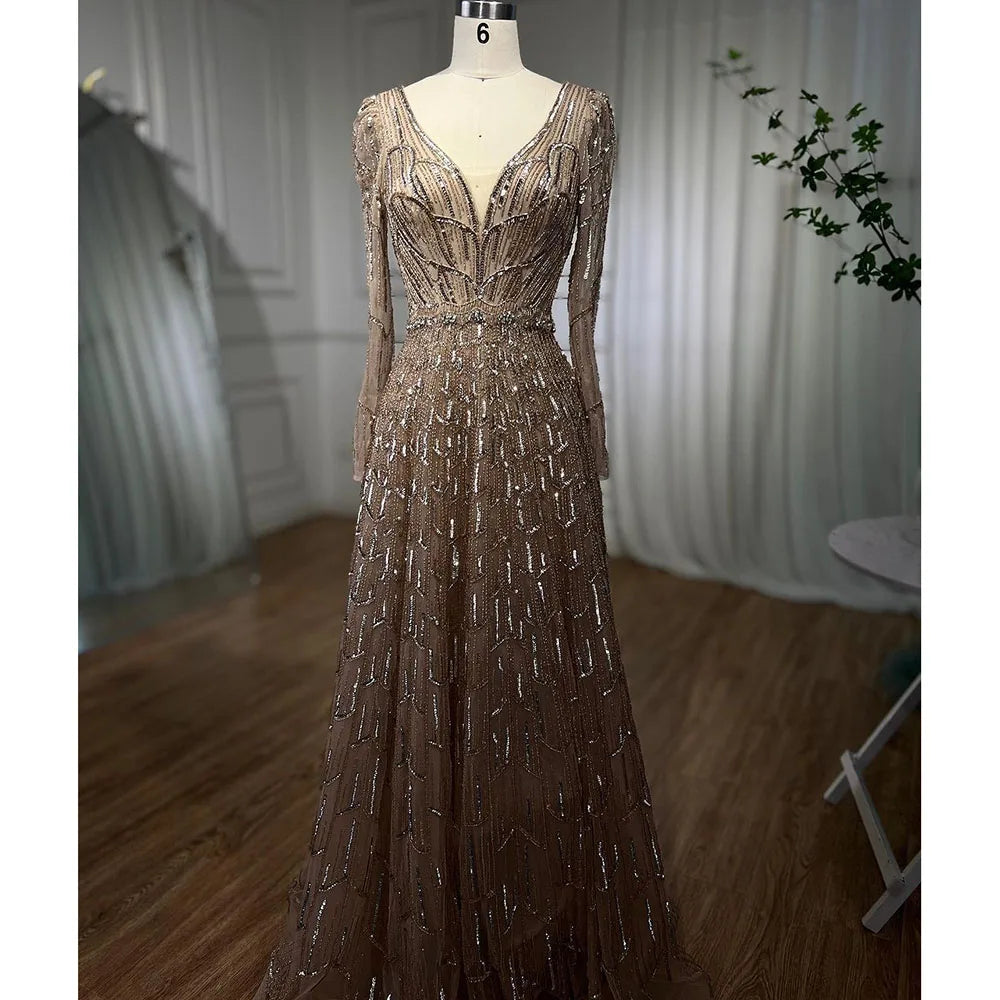 Serene Hill Muslim Designer  Caramel A Line Elegant Beaded Evening Dresses Gowns For Party 2025 LA71940 Customized