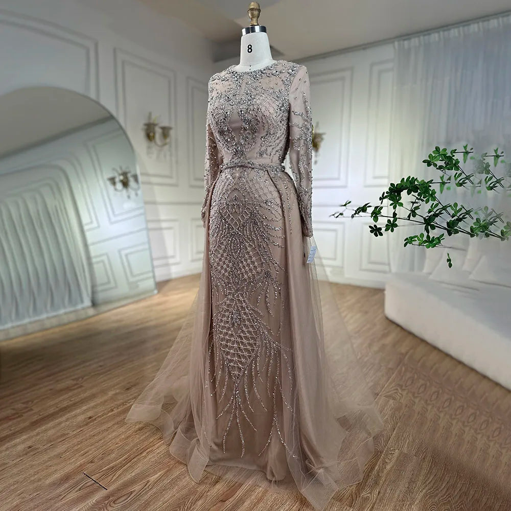 Serene Hill Muslim Silver Nude Mermaid Gown with Detachable Overskirt Beaded Evening Dress for Women Wedding Party 2025 LA71919