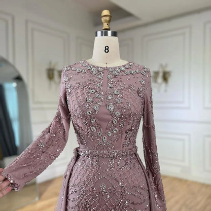 Serene Hill Muslim Silver Nude Mermaid Gown with Detachable Overskirt Beaded Evening Dress for Women Wedding Party 2025 LA71919