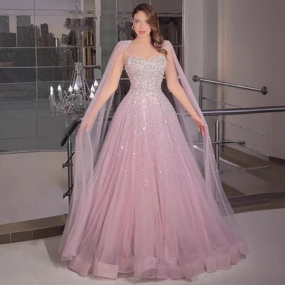 Luxury Pink Tulle Beaded A-Line Evening Dress with Cape Sleeves for Women Prom Serene Hill 2025 Customized Gown LA73072