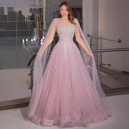 Luxury Pink Tulle Beaded A-Line Evening Dress with Cape Sleeves for Women Prom Serene Hill 2025 Customized Gown LA73072