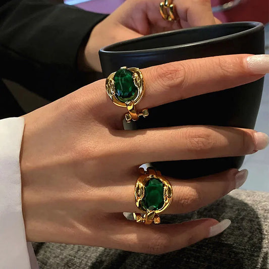Best Selling Elegant Green Crystal Stone Gold Color Ladies Engagement Rings Original Jewelry For Women Gifts Never Fade