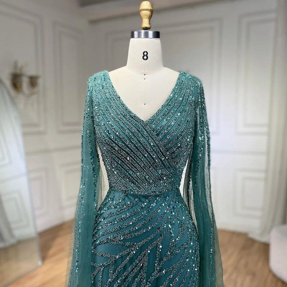 Serene Hill Arabic Mermaid Blue Beaded  Cape   Evening Dress Gown  2025 LA71493A Customized