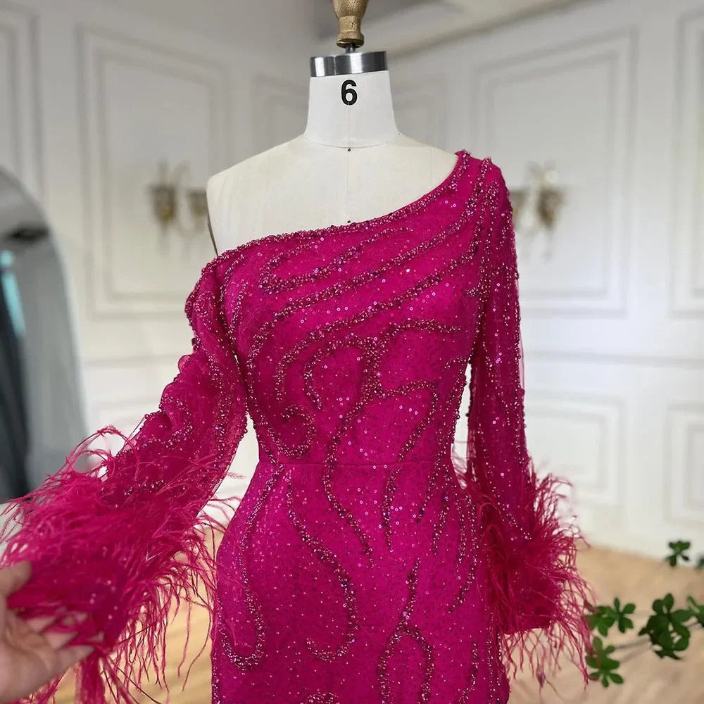 Serene Hill Blue Mermaid Elegant One-Shoulder Beaded Feathers  Evening Dress Gown for 's Wedding Party 2025 LA72395 Customized