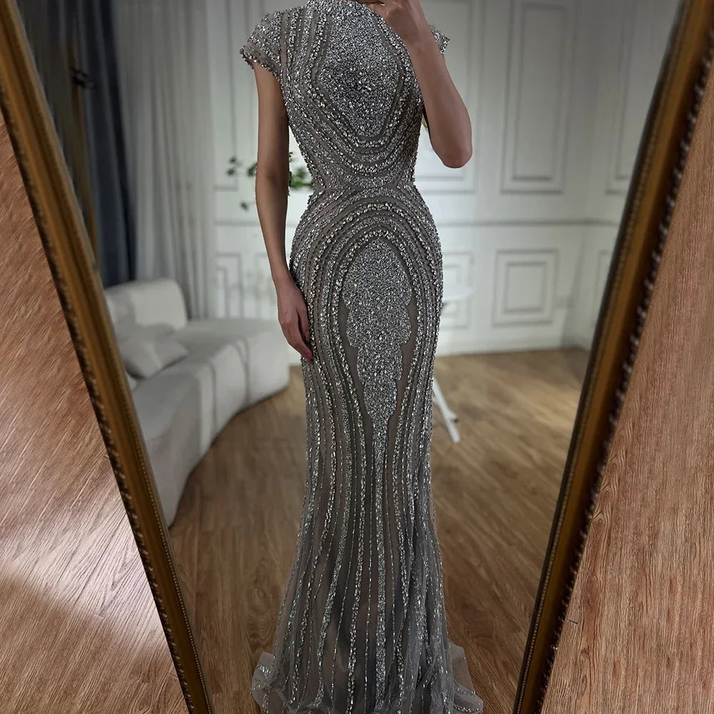 2025 Arabic Dubai Gray Nude Mermaid Floor Length Beaded Luxury Evening Dresses Gowns For Wedding Party LA72344 Customized