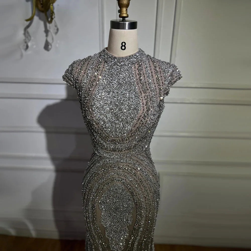 2025 Arabic Dubai Gray Nude Mermaid Floor Length Beaded Luxury Evening Dresses Gowns For Wedding Party LA72344 Customized