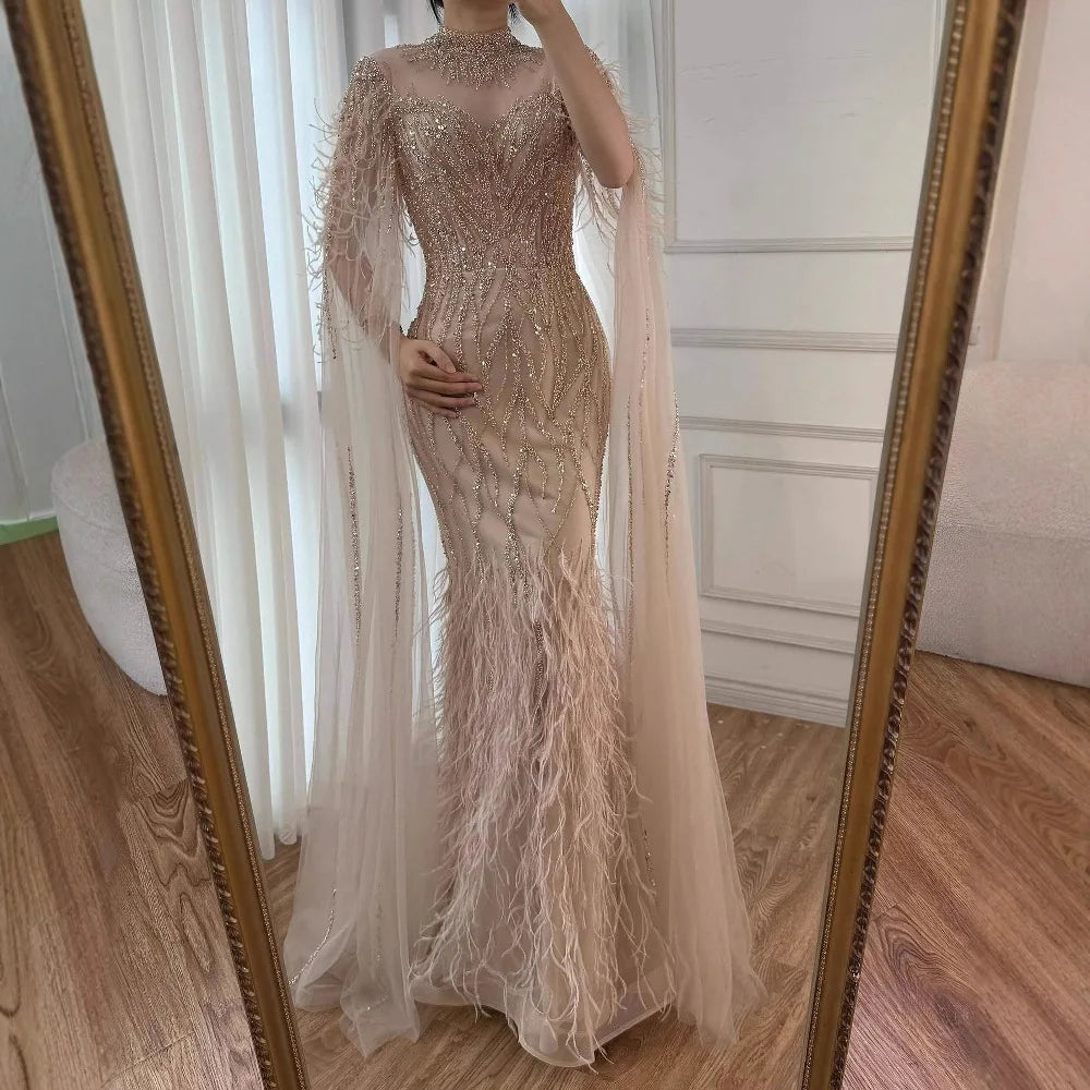 Nude Feather Evening Dress for Women High Neck Cape Sleeve Luxury Beaded Formal Gown Serene Hill 2025 Customized LA71885C
