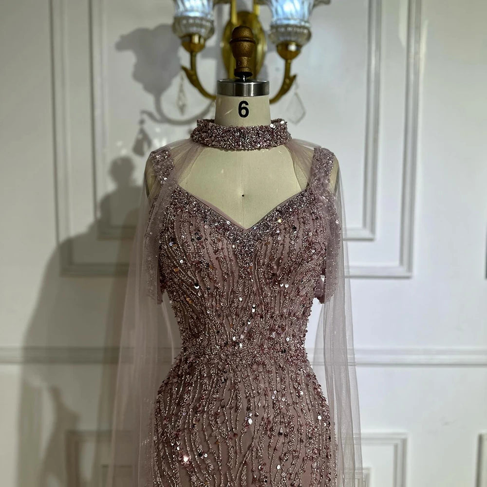 Luxury Caramel Mermaid Evening Gown Beaded Dress with Cape Sleeves Elegant Formal Party Customized LA72921