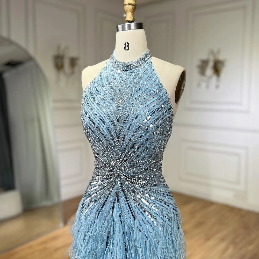 Serene Hill Dubai Halter Beige  Feathers Beaded Formal Luxury Mermaid Evening Dresses For Women Wedding Party 2025 LA70623A