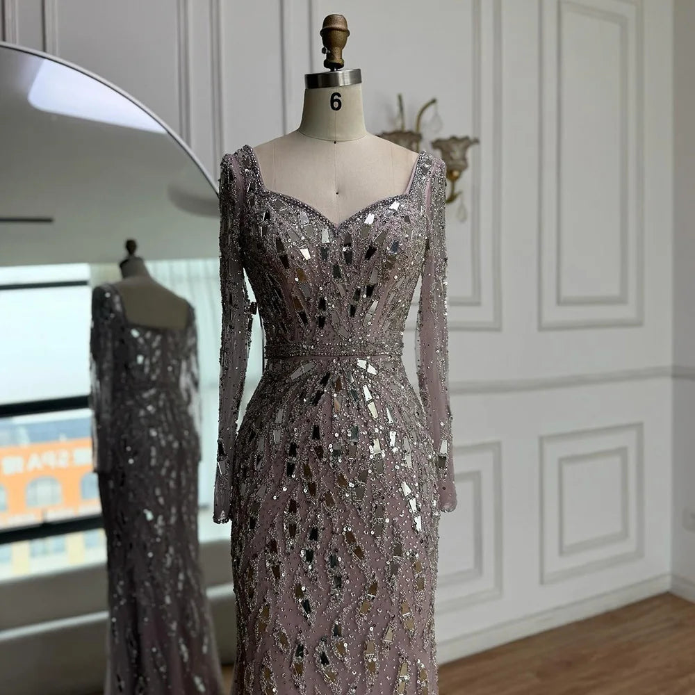 Luxury Black Silver Long Sleeve Evening Dress with Sequins Elegant Mermaid Gown for Women 2025 Serene Hill Customized LA73113