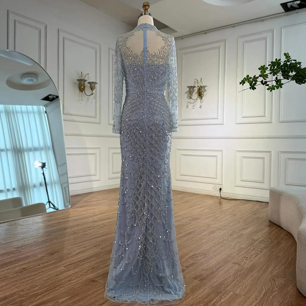 Luxury Caramel Beaded Evening Dress with High Neck Long Sleeves Mermaid Gown Serene Hill 2025 Customized LA71747A