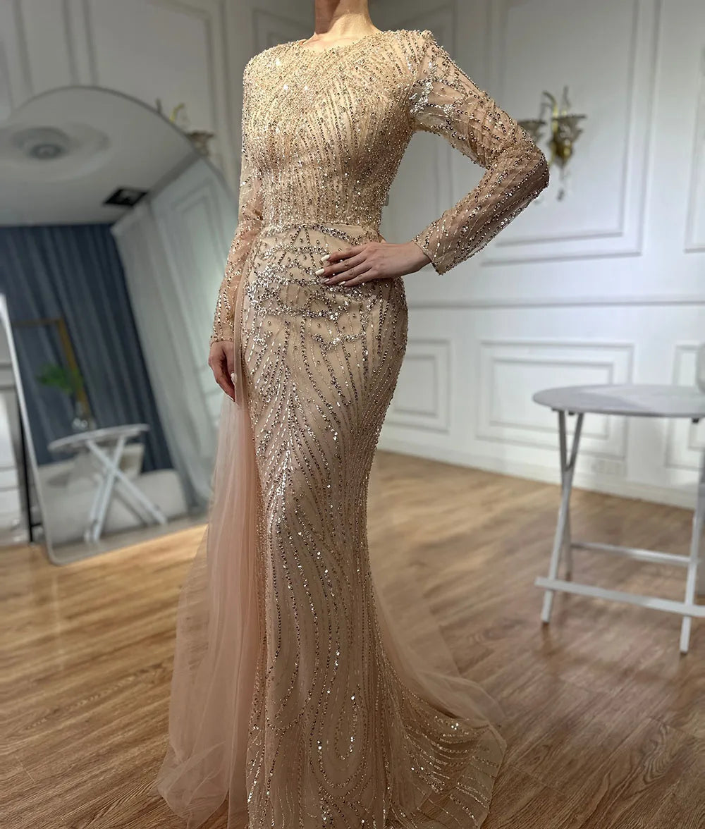 Serene Hill Caramel Beaded Mermaid Long Arabic Evening Dresses Gowns With Overskirt for Formal Occasion 2025 LA71673A Customized