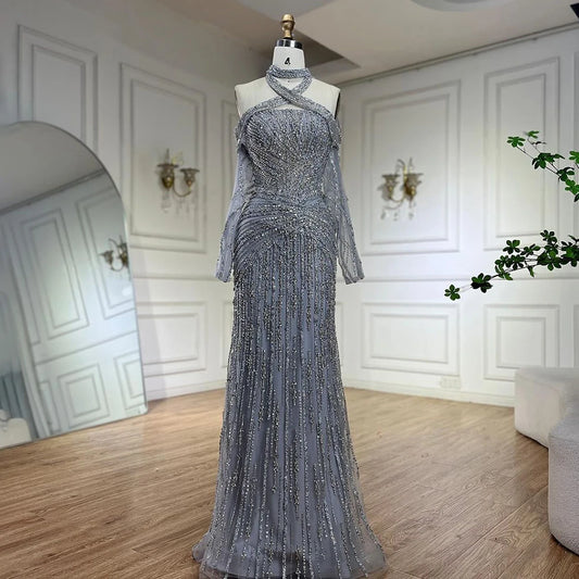 Serene Hill Arabic Gray Decorative Halter Mermaid Evening Dresses Beaded Dress For Formal Occasion LA72651 Customized 2025