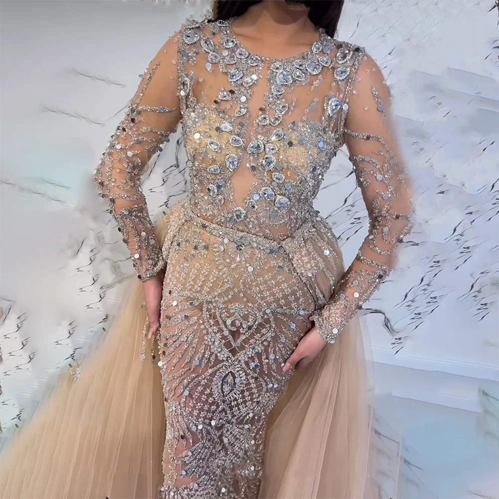 Serene Hill Muslim Silver Nude Mermaid Gown with Detachable Overskirt Beaded Evening Dress for Women Wedding Party 2025 LA71919