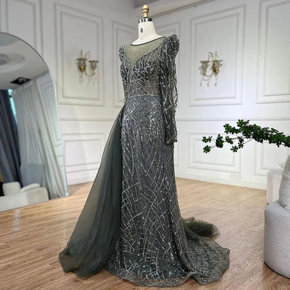 Serene Hill Muslim Gold Mermaid Beaded  Dubai Evening Dresses Gowns With Overskirt 2025 For  Party LA72206 Customized