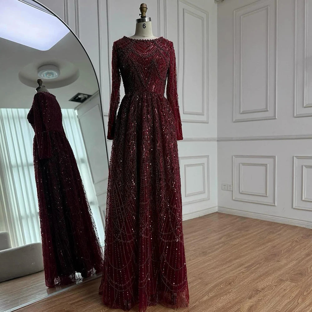 Luxury Olive Green Long Sleeve Beaded A Line Evening Gown for Wedding Party Prom Serene Hill 2025 Customized LA72738B Plus Size