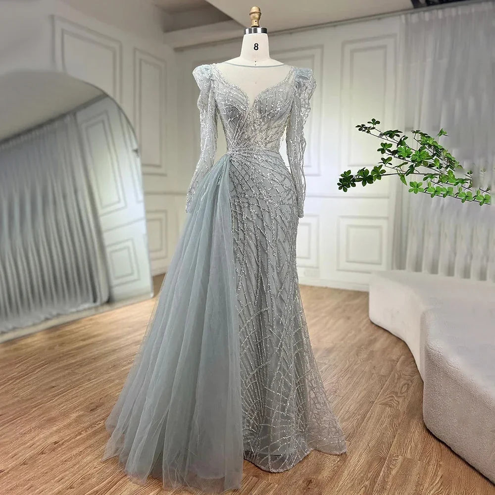 Serene Hill Muslim Gold Mermaid Beaded  Dubai Evening Dresses Gowns With Overskirt 2025 For  Party LA72206 Customized