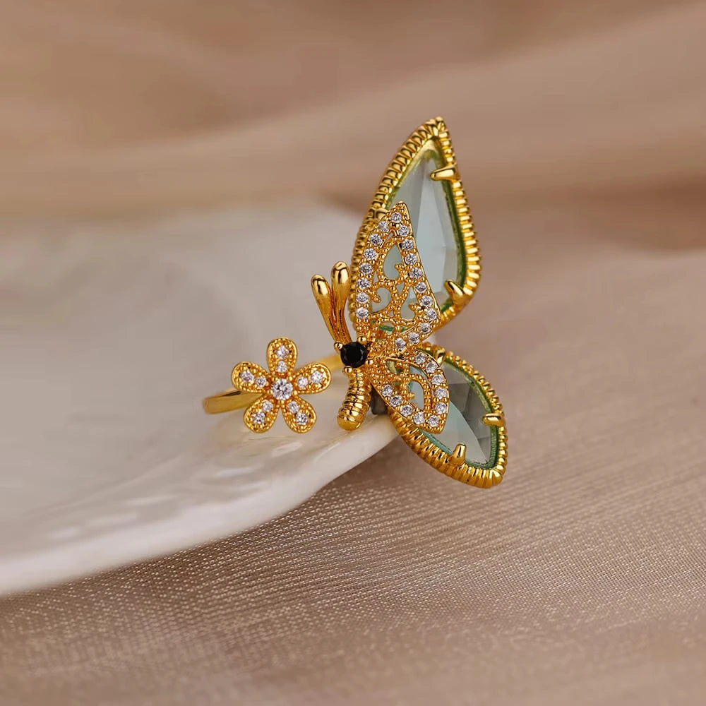 Luxury Blue Colorful Zircon Rings For Women Stainless Steel Gold Plated Flower Butterfly Ring Exquisite Party Shiny Jewelry 2025