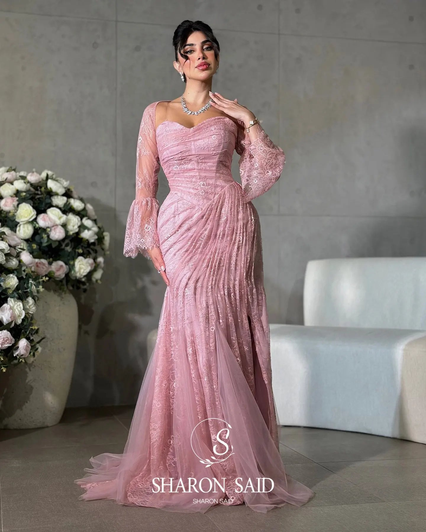 Sharon Said Pink Strapless Lace Evening Dress with Jacket Full Sleeves for Women Wedding Party Formal Gown SF304 Customized