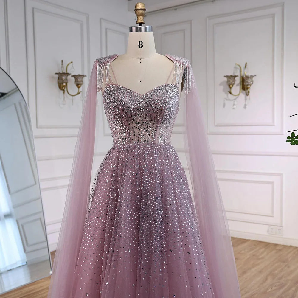 Luxury Pink Tulle Beaded A-Line Evening Dress with Cape Sleeves for Women Prom Serene Hill 2025 Customized Gown LA73072