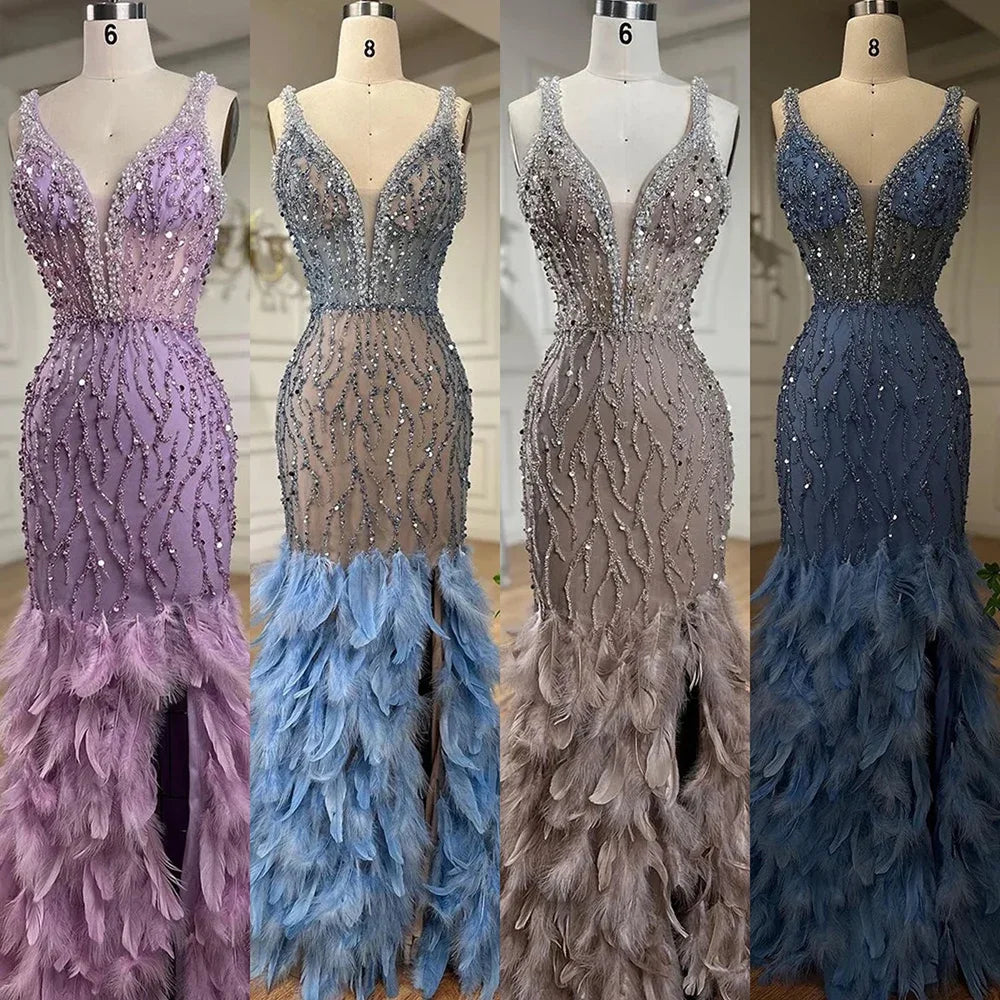 Serene Hill Pink Mermaid High Split Evening Dresses Feather Beaded Gowns Long 2025 For Women Wedding Party LA72152 Customized