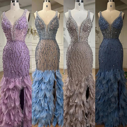 Serene Hill Pink Mermaid High Split Evening Dresses Feather Beaded Gowns Long 2025 For Women Wedding Party LA72152 Customized