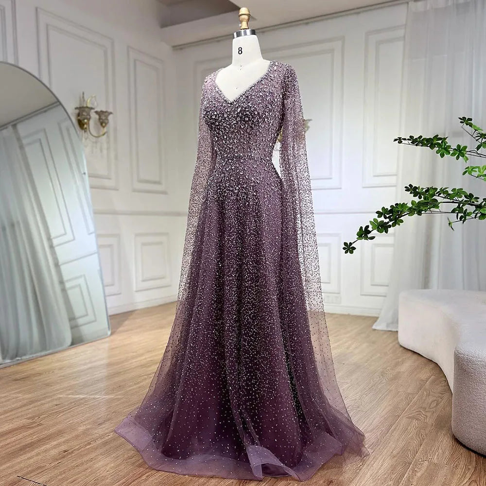 Serene Hill 2025 Customized Saudi Arabic Caramel Beaded Cape Sleeves A Line Evening Dresses For Formal Occasion LA72147A