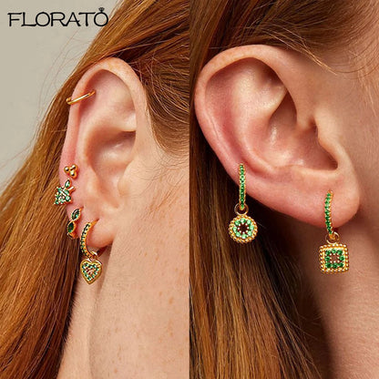 925 Sterling Silver Needle Luxury Green Zircon Pendant Earrings Trend Gold Color Small Hoop Earrings for Women Fashion Jewelry