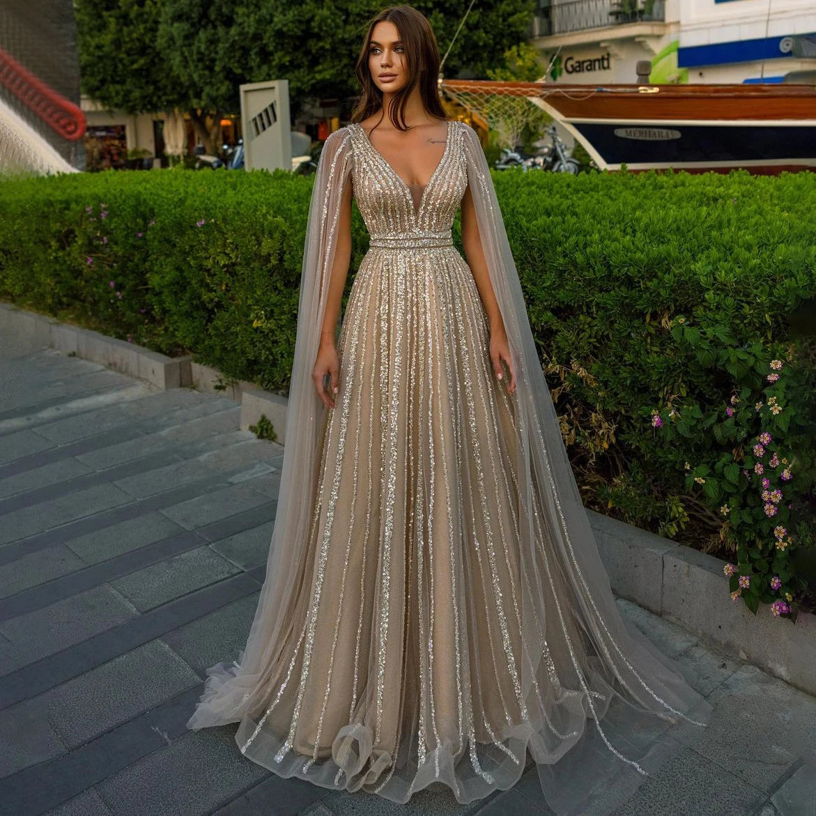 Nude Arabic Luxury Cape Sleeves Evening Dresses Gowns A-Line Beaded 2025 For Party LA71567 Customized