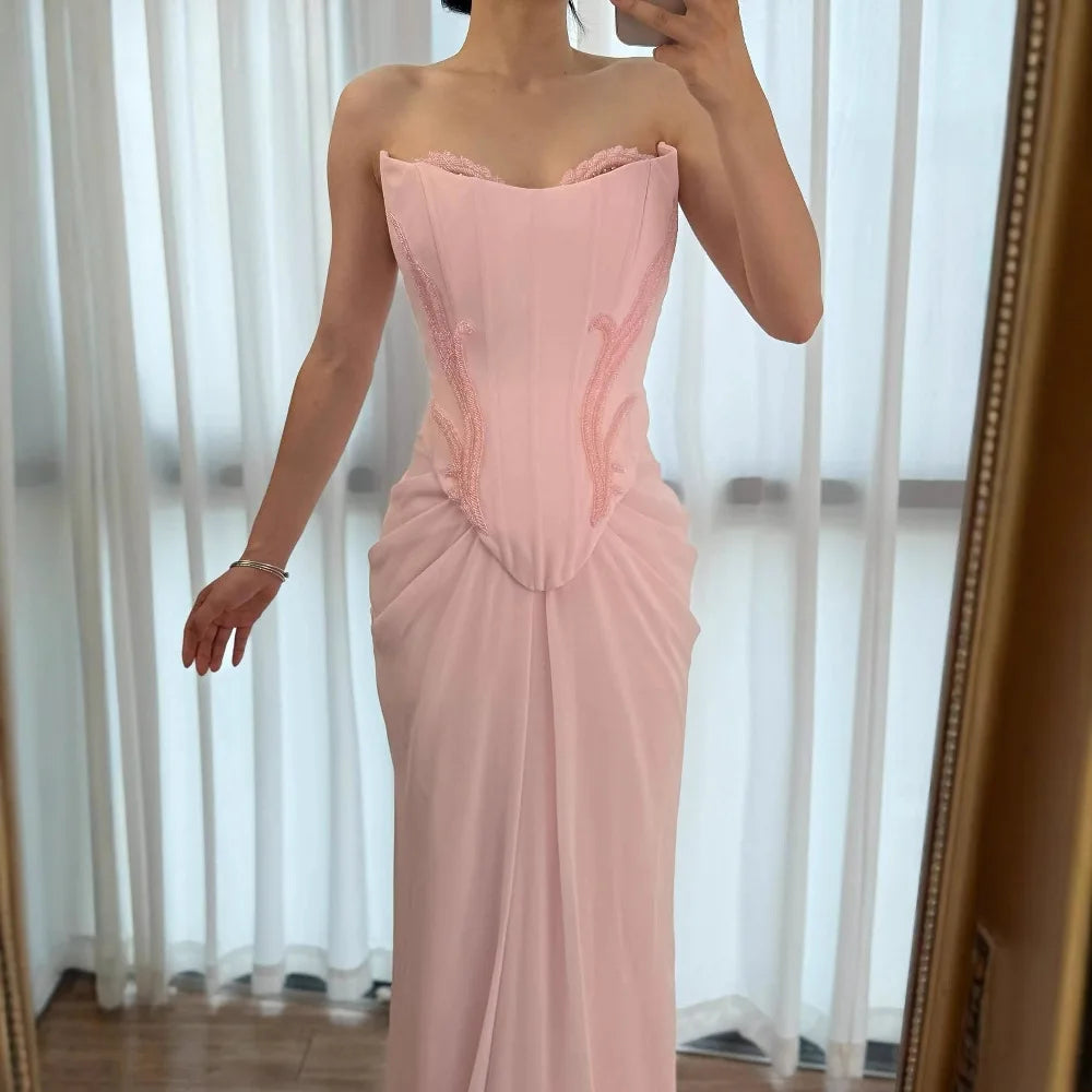 Serene Hill 2025 Customized Pink Strapless Draped Satin Evening Dress with Rose Neck Detail for Formal Party LA72946