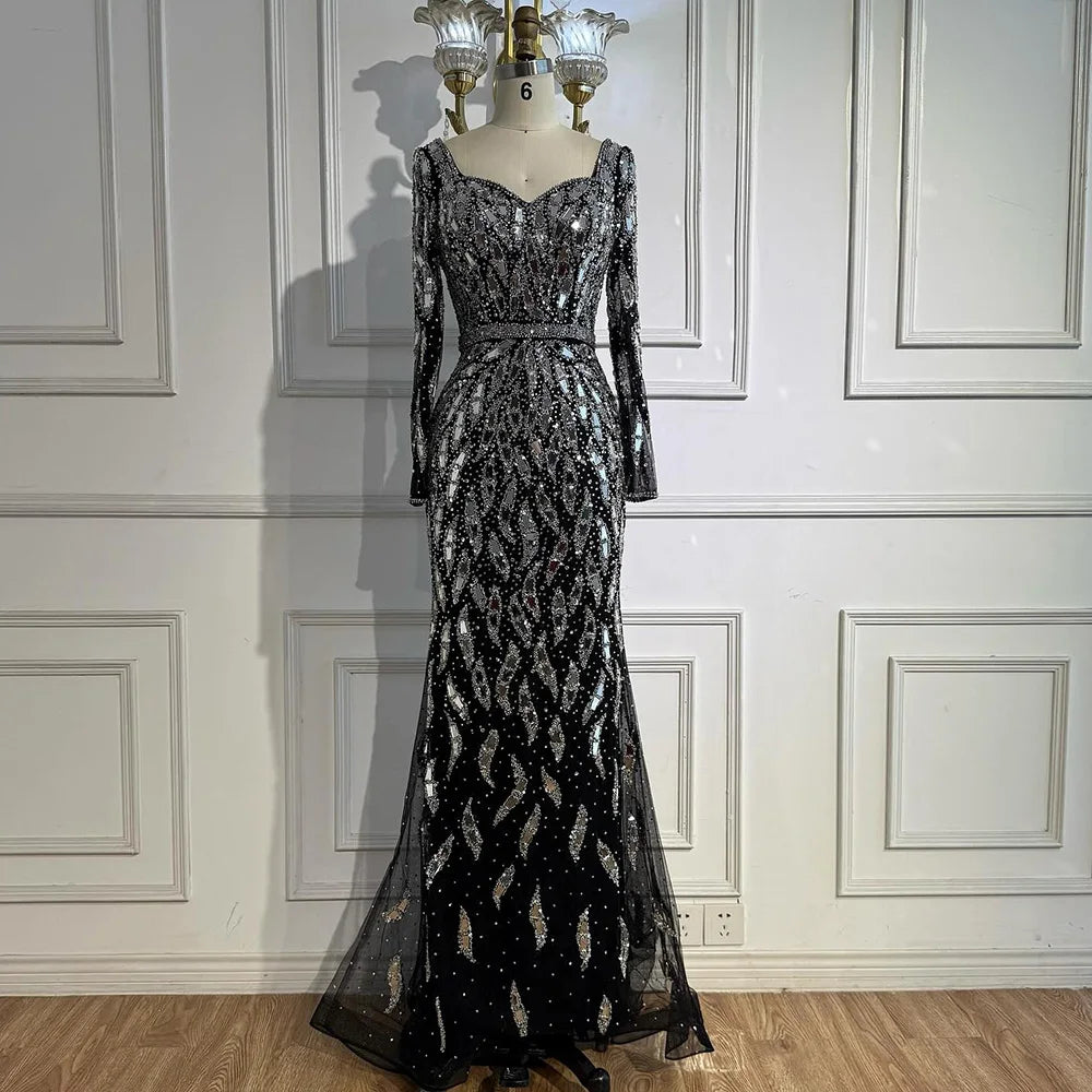 Luxury Black Silver Long Sleeve Evening Dress with Sequins Elegant Mermaid Gown for Women 2025 Serene Hill Customized LA73113