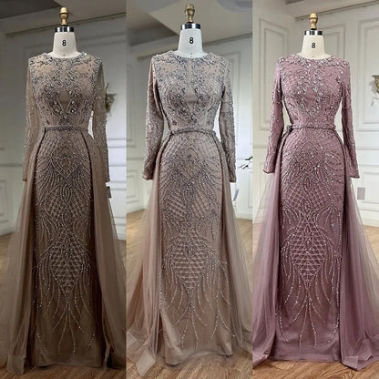 Serene Hill Muslim Silver Nude Mermaid Gown with Detachable Overskirt Beaded Evening Dress for Women Wedding Party 2025 LA71919