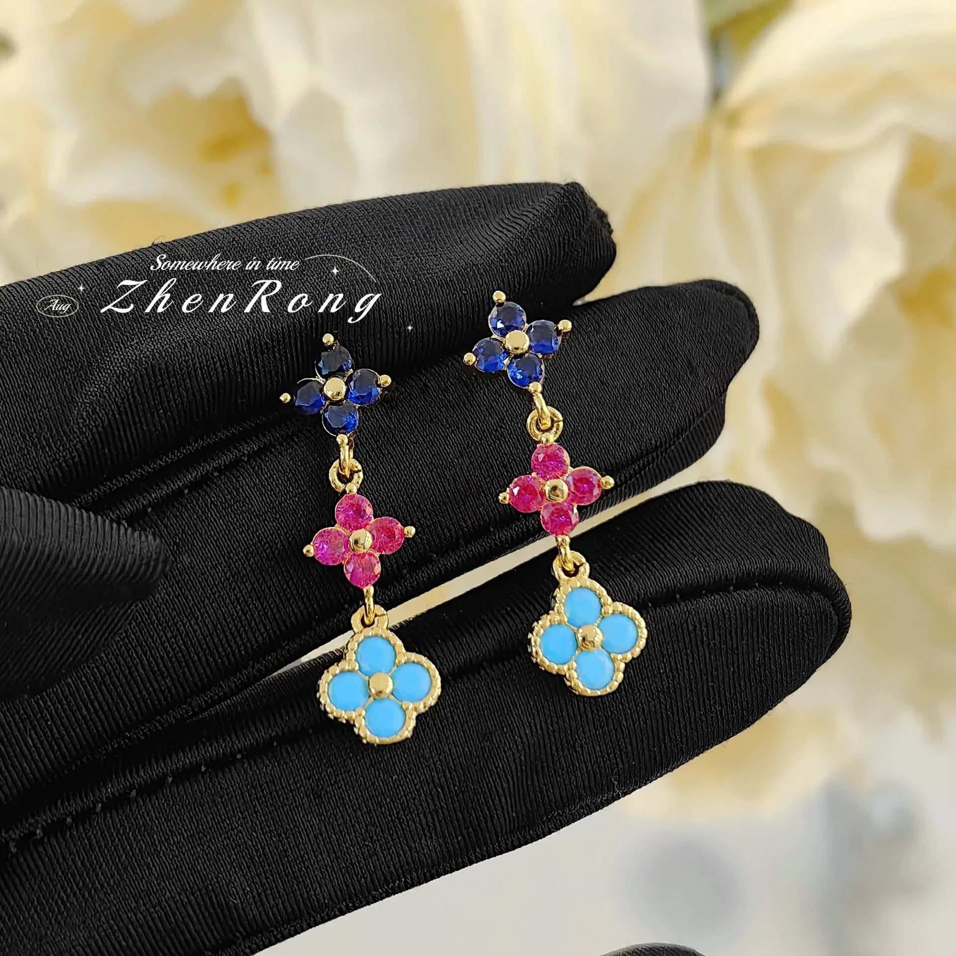 French Style Retro Dopamine Clover Design Necklaces   Colorful Zircon Earrings Clavicle Chain Bracelets Jewelry Sets For Women