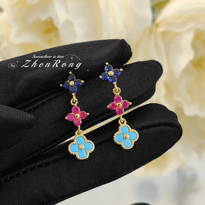 French Style Retro Dopamine Clover Design Necklaces   Colorful Zircon Earrings Clavicle Chain Bracelets Jewelry Sets For Women