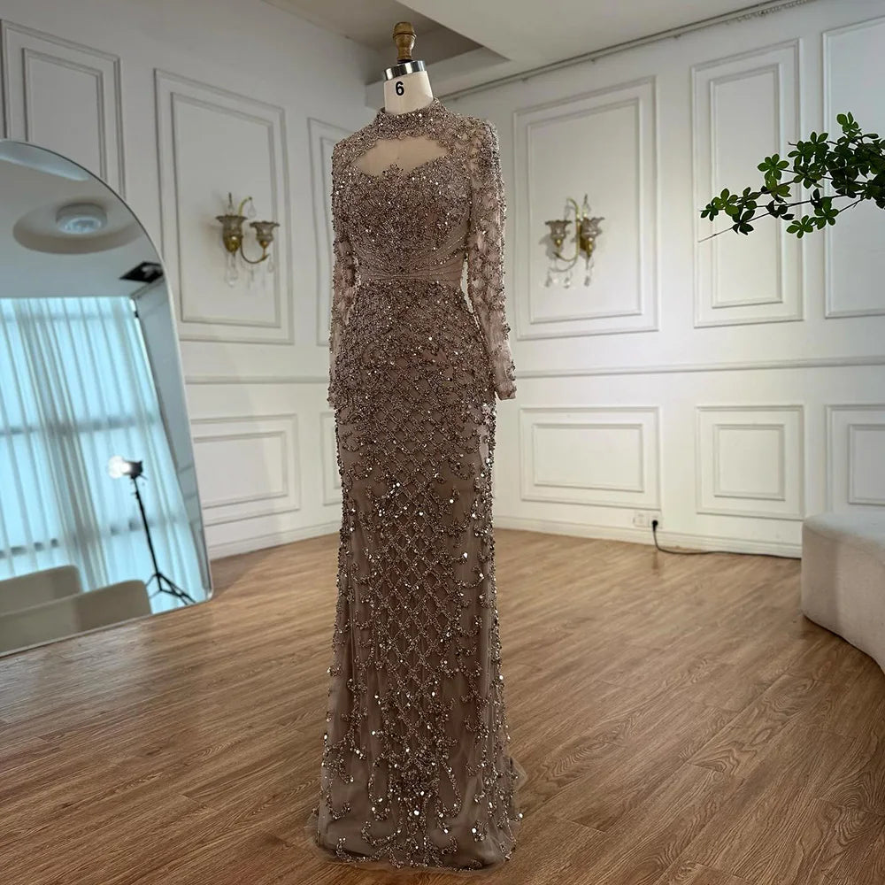Luxury Caramel Beaded Evening Dress with High Neck Long Sleeves Mermaid Gown Serene Hill 2025 Customized LA71747A