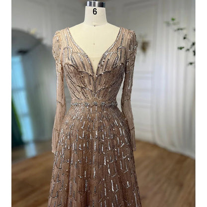 Serene Hill Muslim Designer  Caramel A Line Elegant Beaded Evening Dresses Gowns For Party 2025 LA71940 Customized