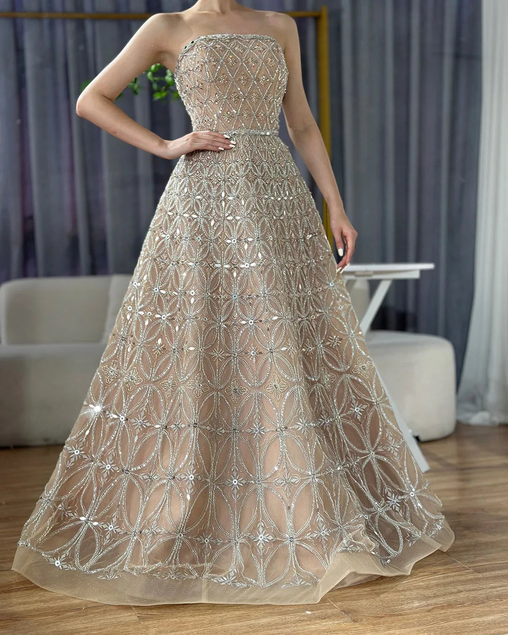 Serene Hill 2025 Customized Arabic Gray A Line Beaded Long Evening Dresses Gowns For Occasion LA72755